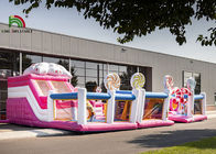 Handlowy nadmuchiwany park rozrywki Plato PVC 10m różowy Candyland ze zjeżdżalnią