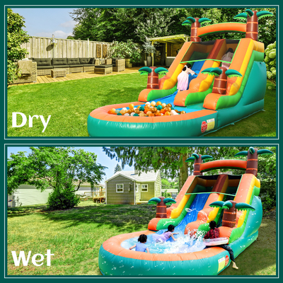 Komercyjny suchy i mokry zjeżdżalnik wodny nadmuchowy Tropical Fiesta Breeze Kids Nadmuchowy zjeżdżalnik wodny z basenem