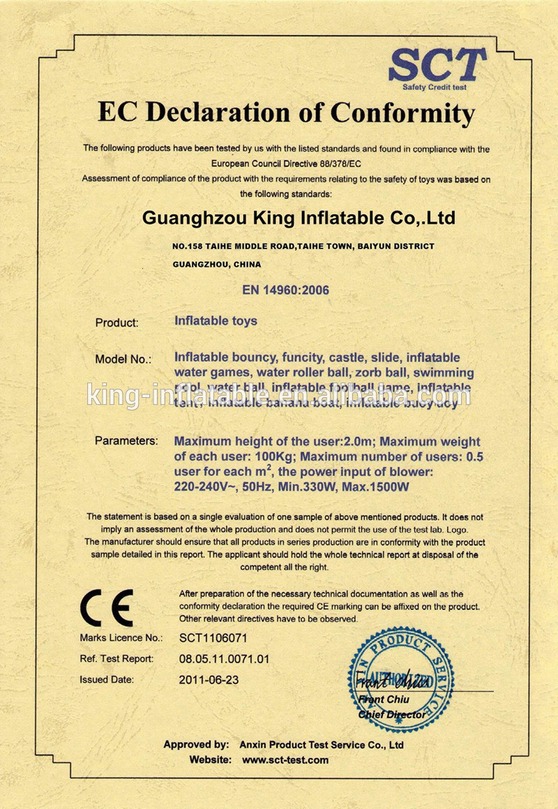 Chiny King Inflatable Co.,Limited Certyfikaty